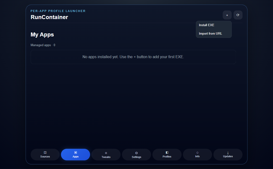 The + menu on the Apps tab, with Install EXE and Import from URL