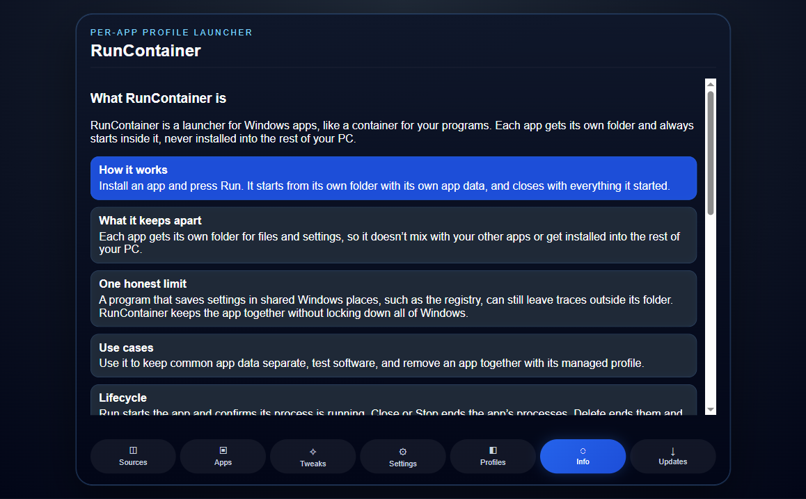 The Info tab. The Support & documentation section with both links sits below the cards shown here.