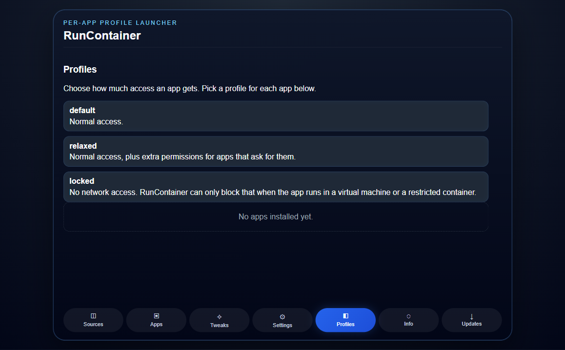The Profiles tab, listing the default, relaxed and locked presets