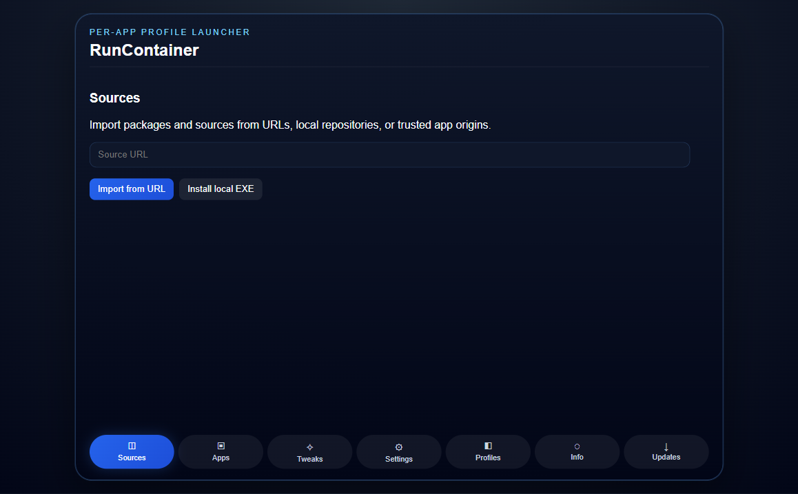 The Sources tab with the Source URL field and the Import from URL and Install local EXE buttons