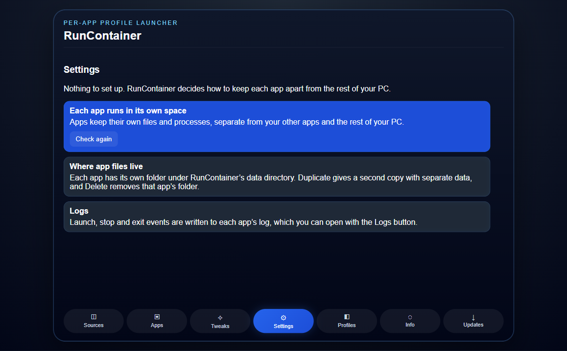 The Settings tab, showing one space per app and where app files live