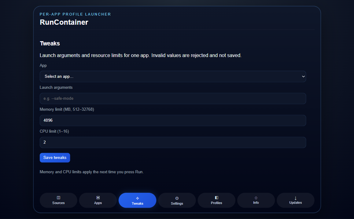 The Tweaks form, with launch arguments, memory limit, CPU limit and Save tweaks
