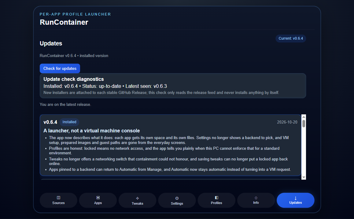 The Updates tab, with the installed version and the release notes feed